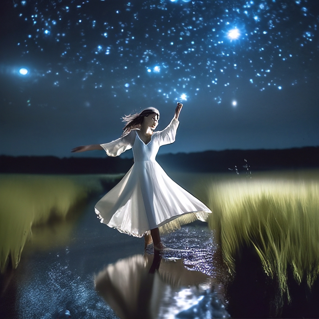"A girl in a white dress dances in a field near a river under a starry ...