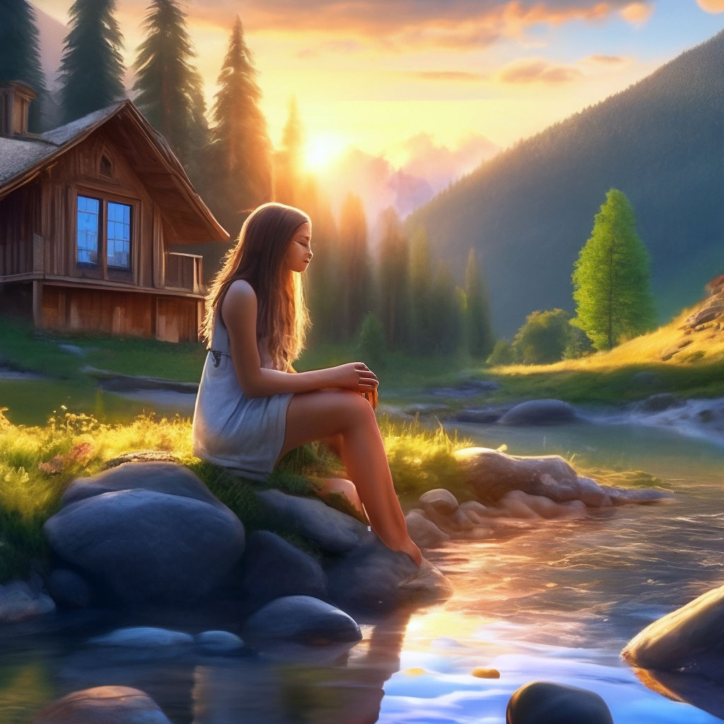 "A small wooden house on a mountain, light at dawn, far away, forest ...