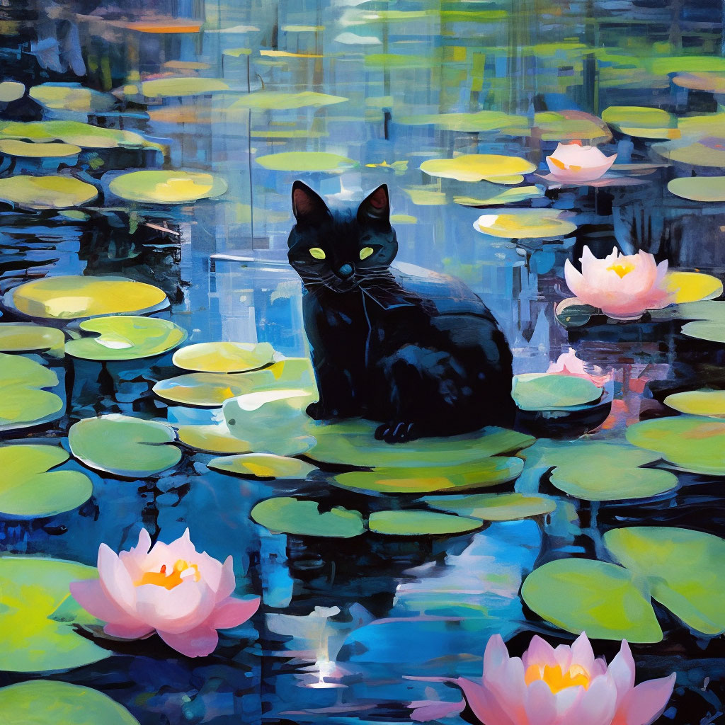 "A painting of a cat in a pond of water lilies, kyoto animation ...