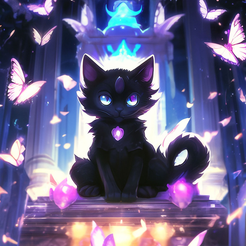 "Black kitty~~ a black, cute cat sits in the dark among glowing ...