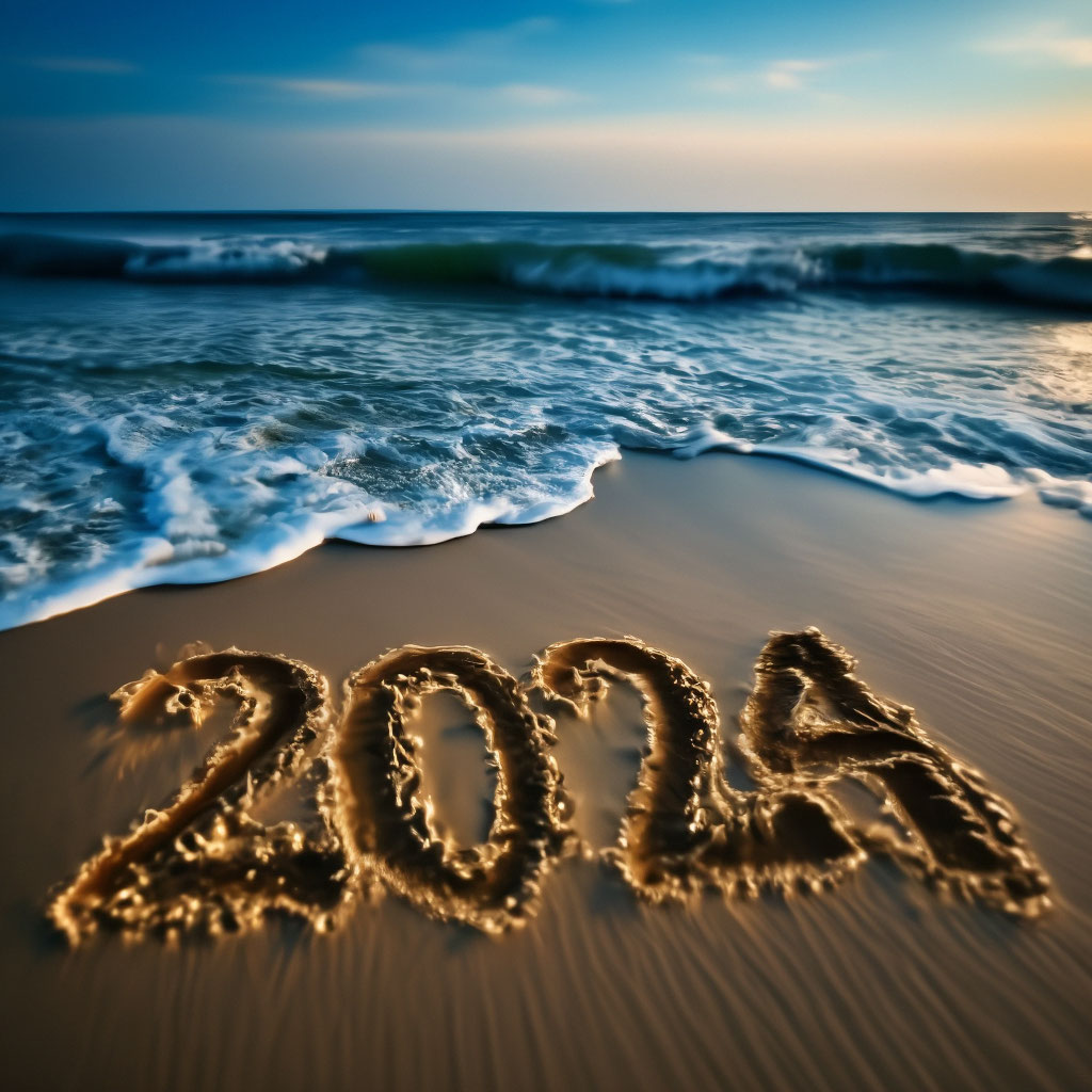 "New Year, inscription 2024 in a snowy pattern on the sea, New Year's ...