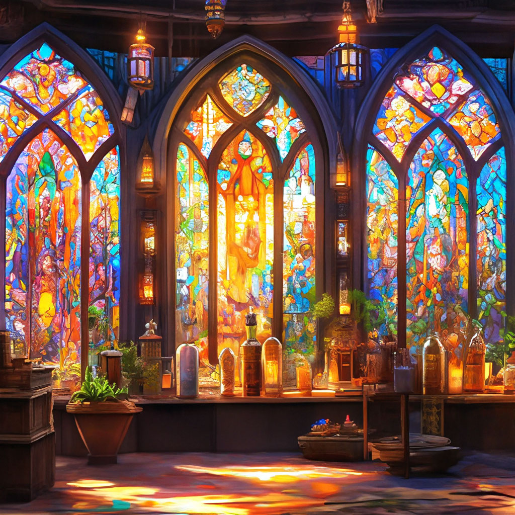 "Large hall, stained glass window, magic, flasks of different shapes ...