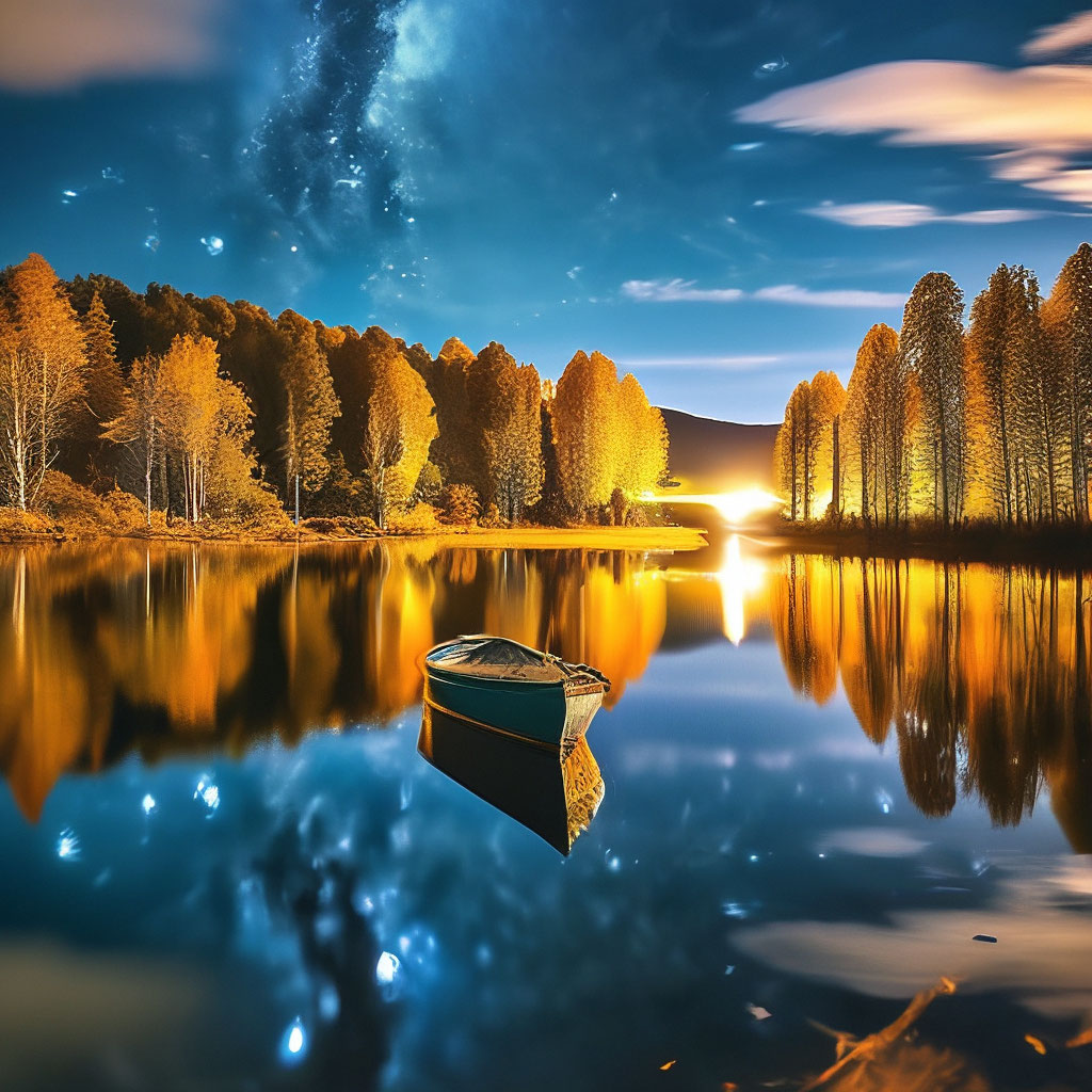 "Warm autumn night, starry sky reflected in the waters of the lake ...