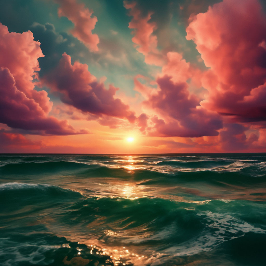 "Sunrise in the morning on the sea green water,rare clouds pink shades ...