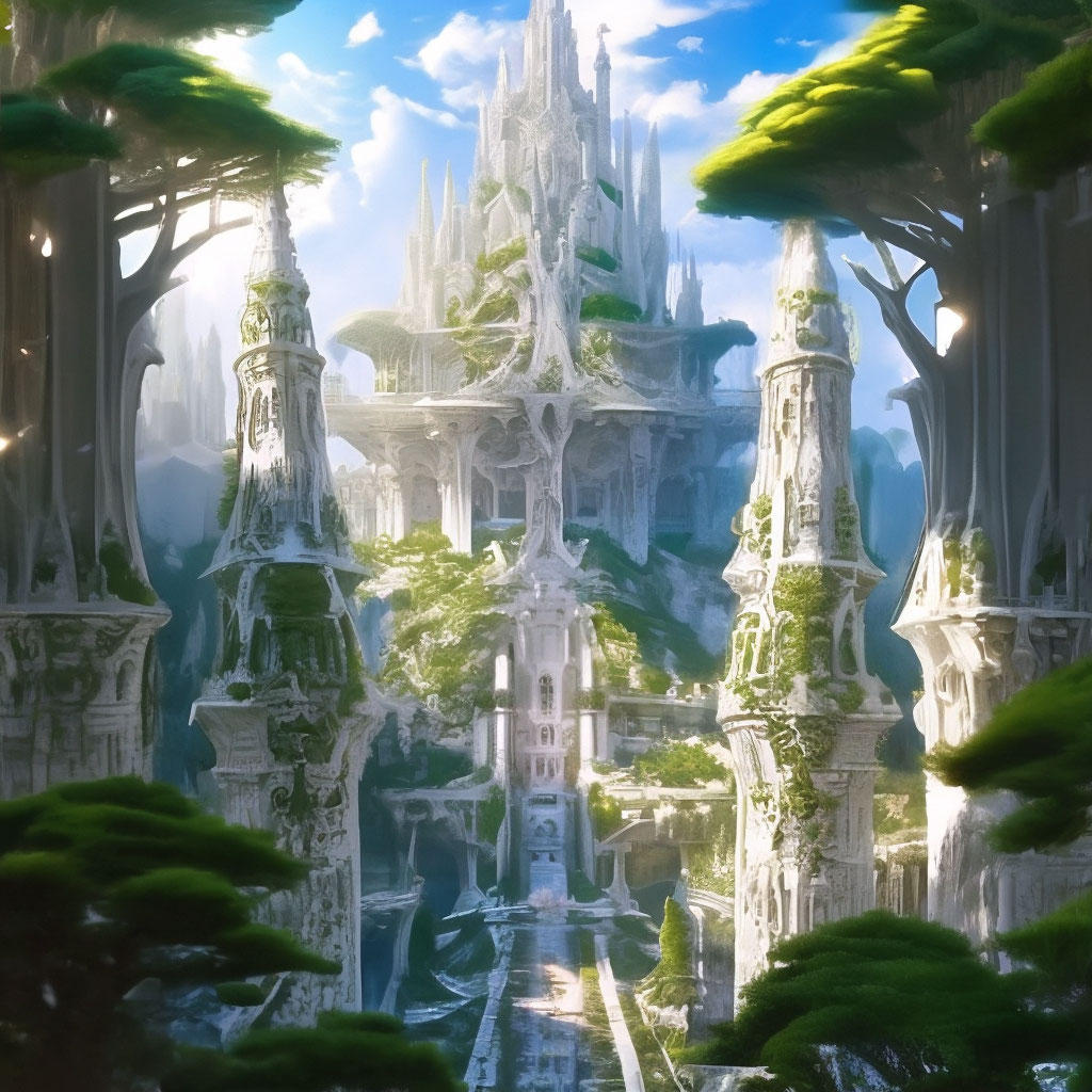 "The elven white city is built on seven giant trees, fantasy, in a ...