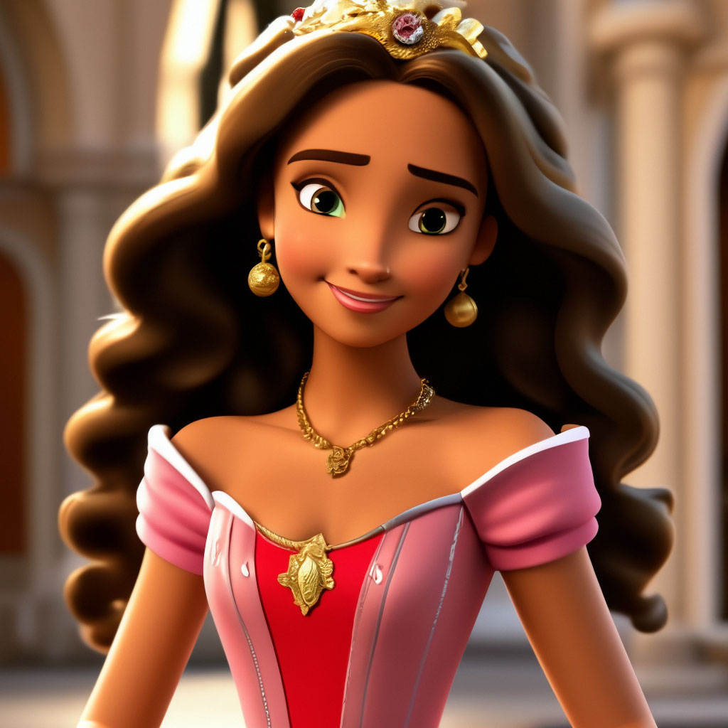 Elena is the Princess of Avalor A very beautiful princess in a red and pink  puffy dress with a gold belt "  image created in Shedevrum