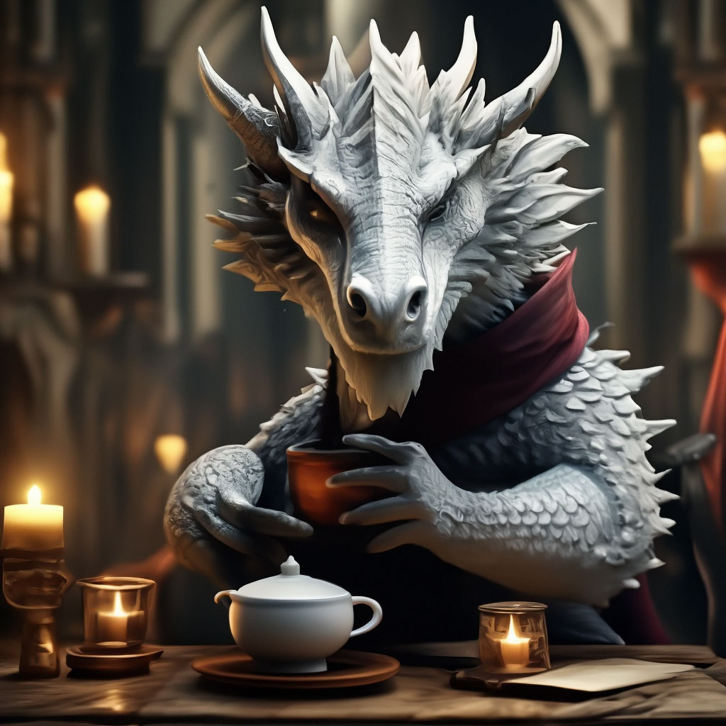 "Wise and kind white dragon drinking tea at the table, calm atmosphere ...