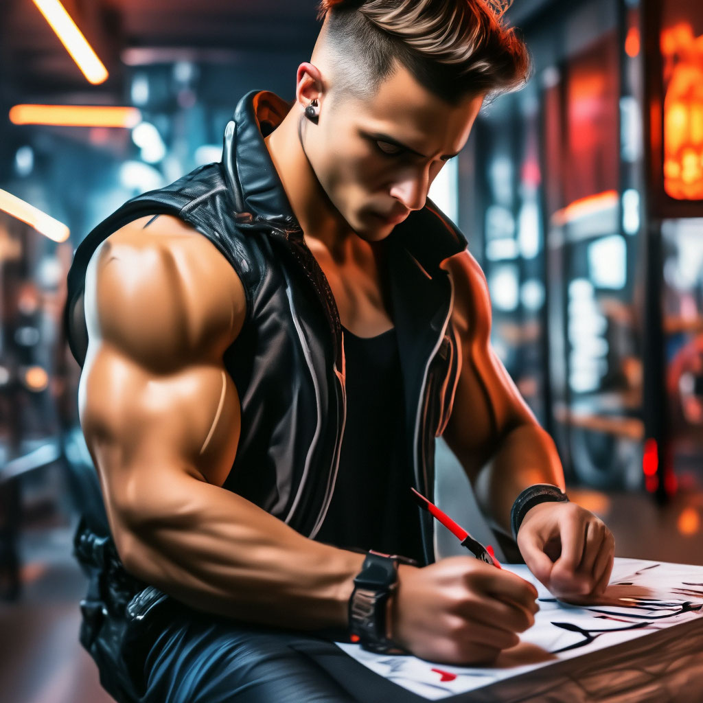 "A young man draws a Bodybuilder" — image created in Shedevrum