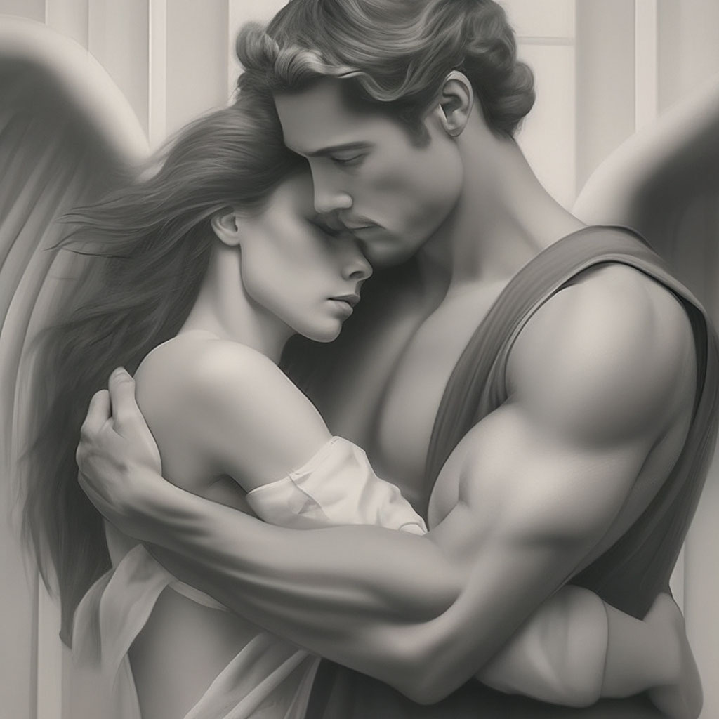 "A handsome man embraces an angel" — image created in Shedevrum