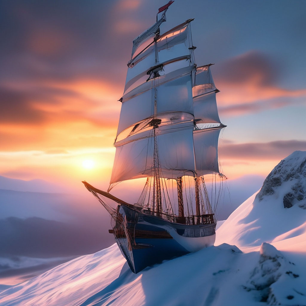 icy sailing ship in snow on the top of the hill, mountains, sunset