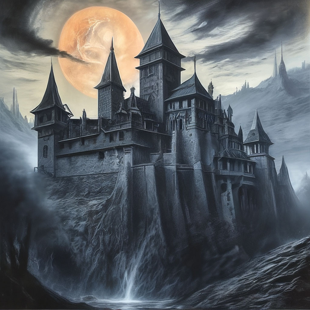 "The castle of Count Dracula. An engraving in oil paints in dark tones ...