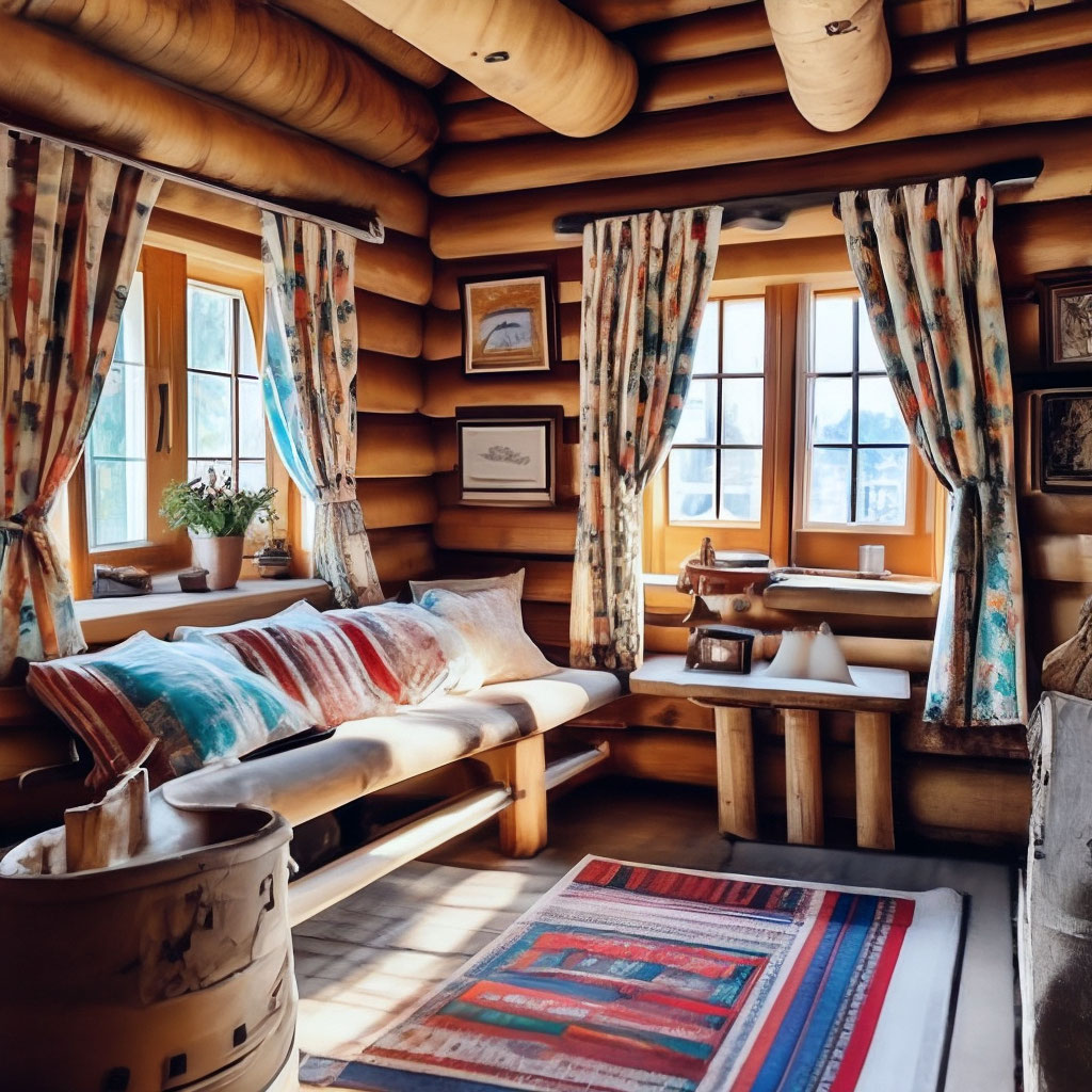 "Cozy little log cabin, rustic interior, Russian stove, striped colored ...
