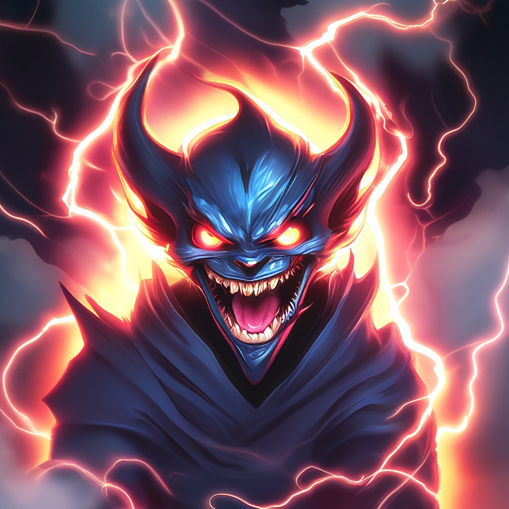 "A card with a smiling demon lightning smoke" — image created in Shedevrum
