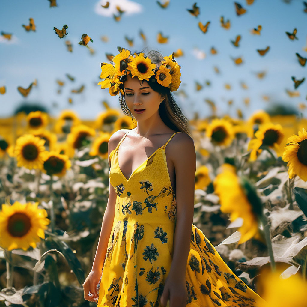 "!Connected! Girl + sunflower. He stands in a field in the middle of ...