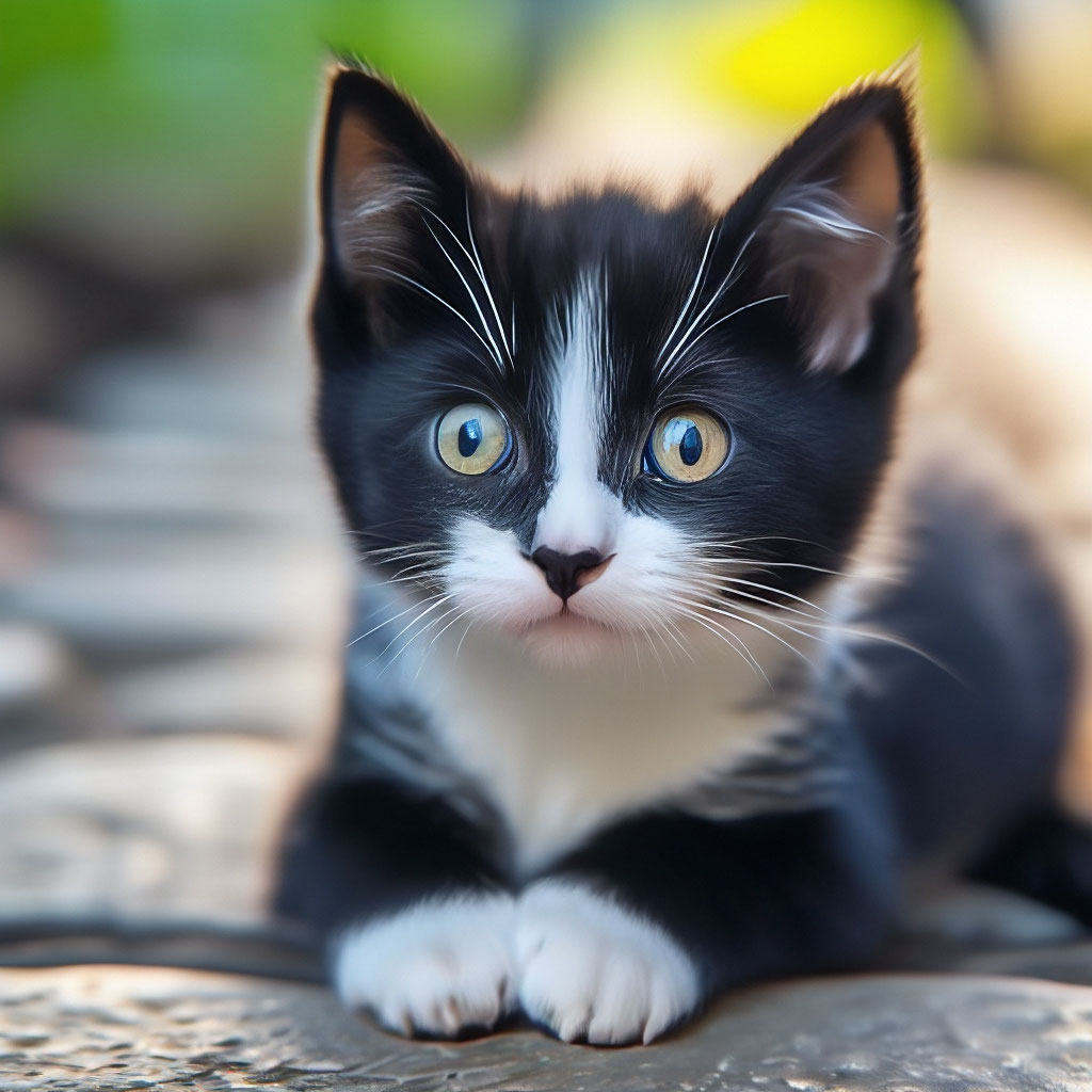 "Cute black and white kitten sitting on the path, expressive eyes, cute ...