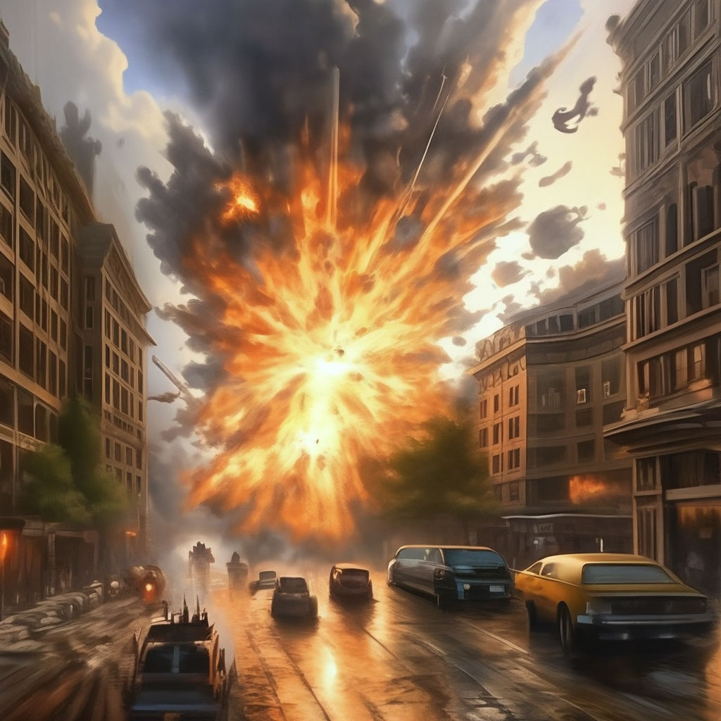 "Explosion in the city, realism, detail" — image created in Shedevrum