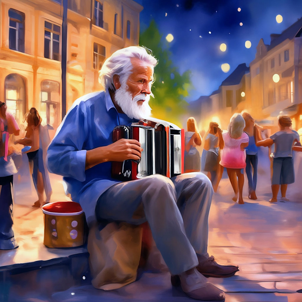 "The embankment of a small cozy city, an old man+ sits+ accordion+ ...