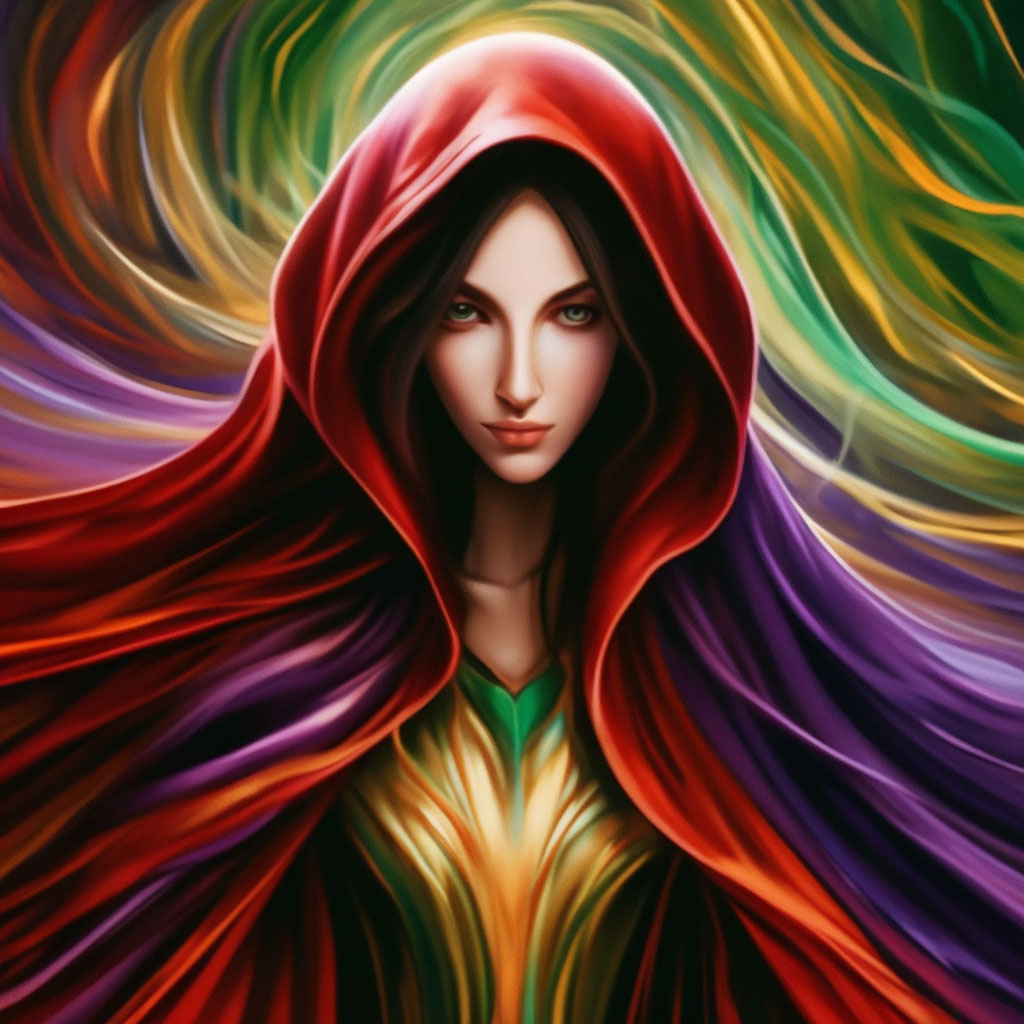 "A hidden figure in a red cloak, a woman, colors green, purple, gold ...