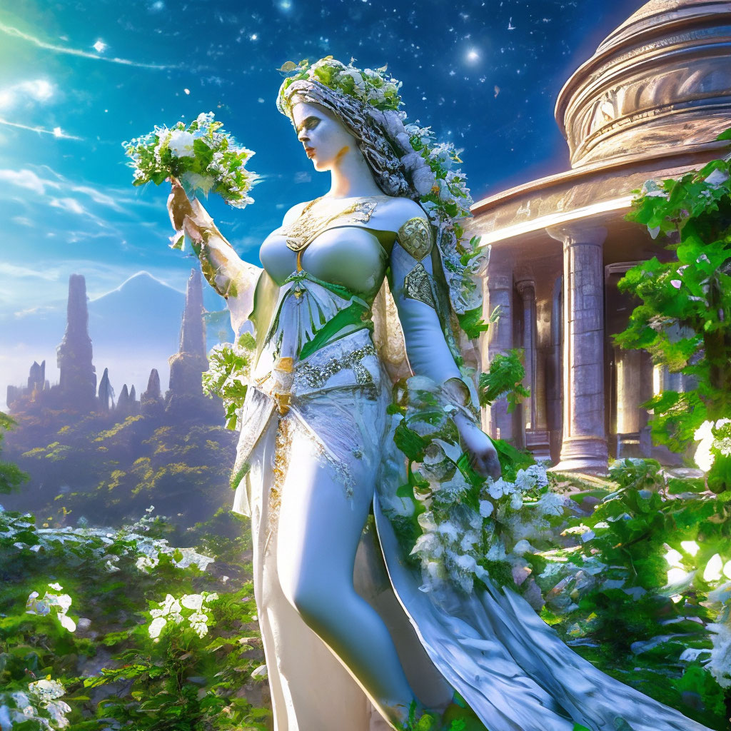 "White statue of the Roman goddess in flowers on the background of an ...