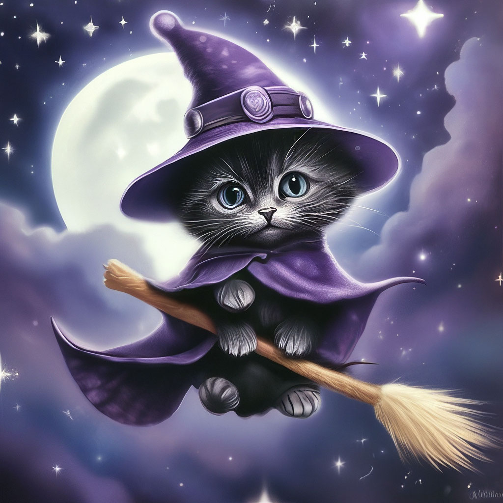 "A cute black kitten in a purple witch hat and a purple cloak . He's ...