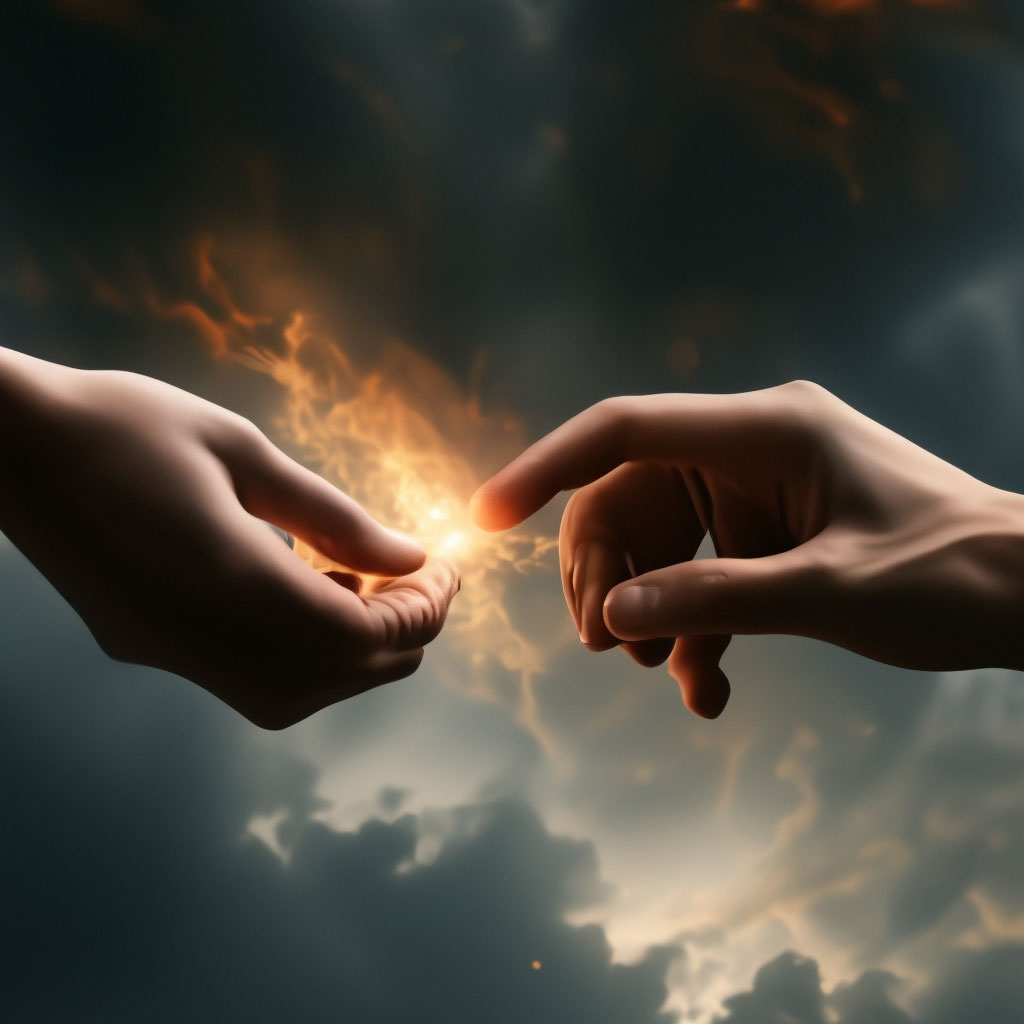 "A spark between the hands hands reach out to each other as in the ...