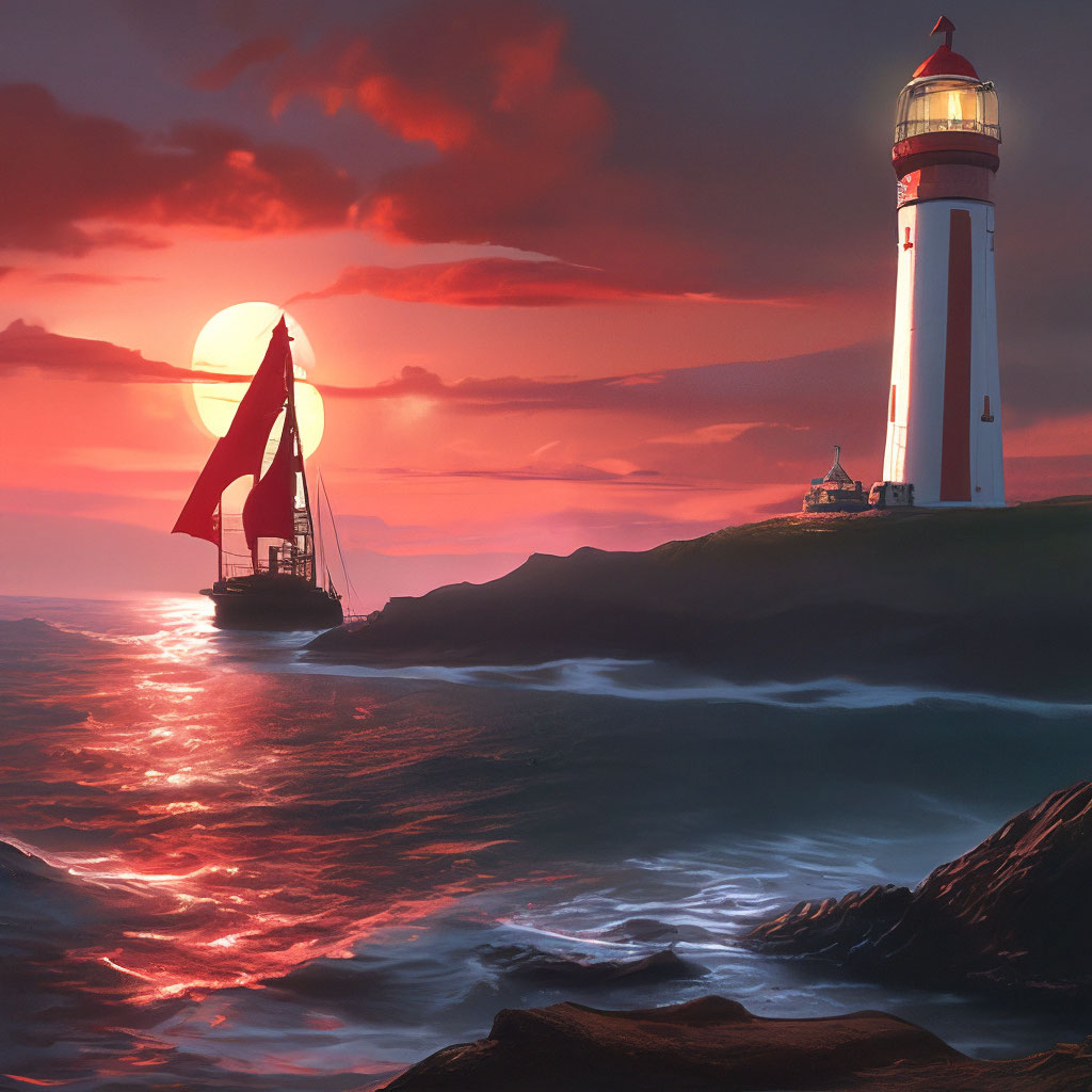 «Маяк светит вдаль, месяц алый закат…» — создано в Шедевруме