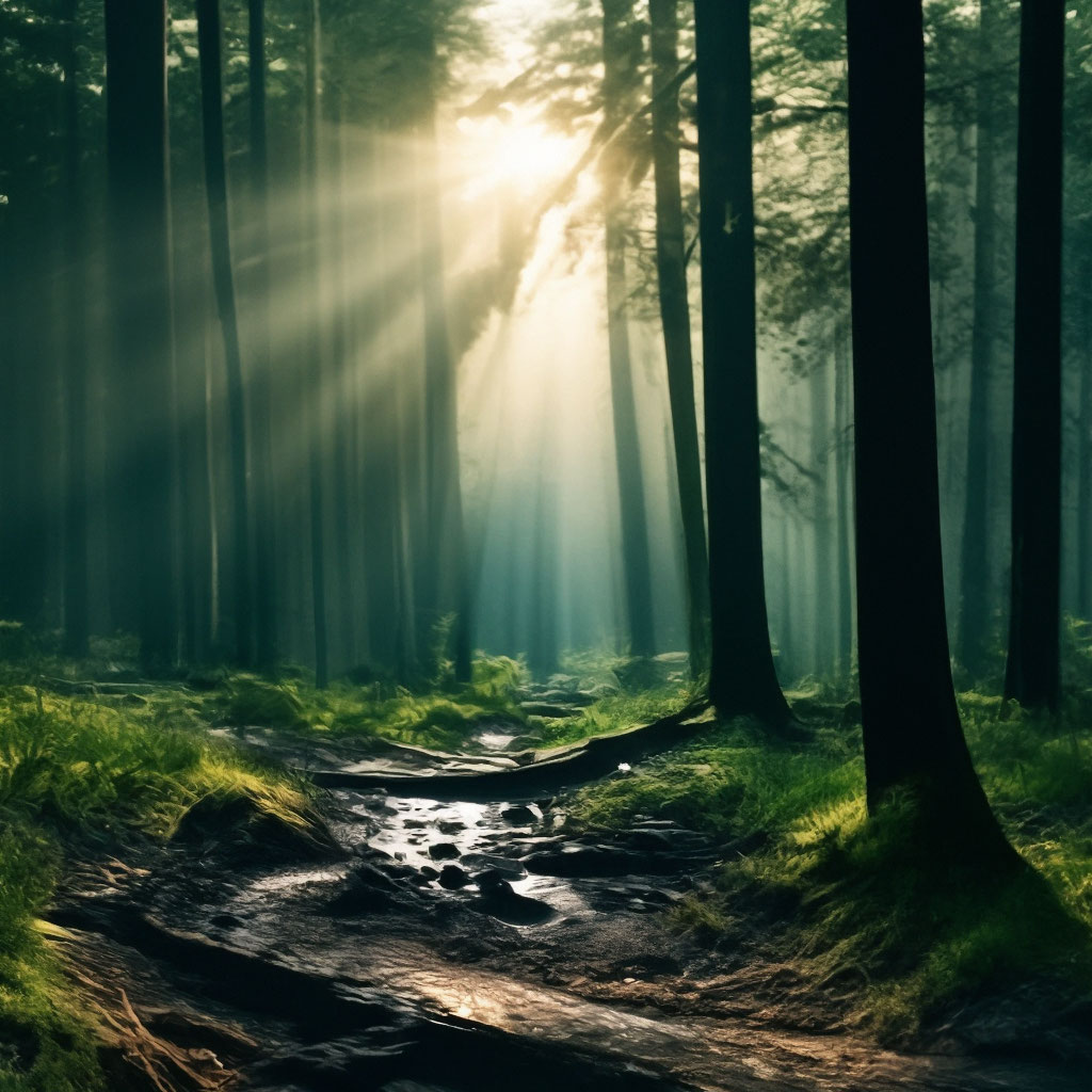 "Gloomy forest with rays of the sun" — image created in Shedevrum