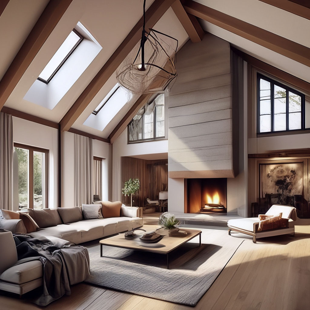 "The interior of the living room with a fireplace with high ceilings ...
