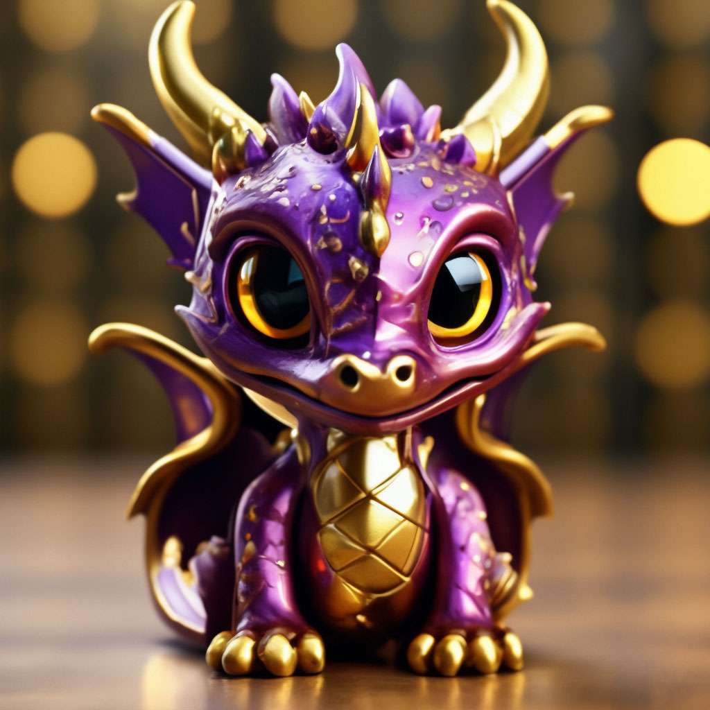 "Miniature figure of a cute dragon with big eyes, gold, digital art ...