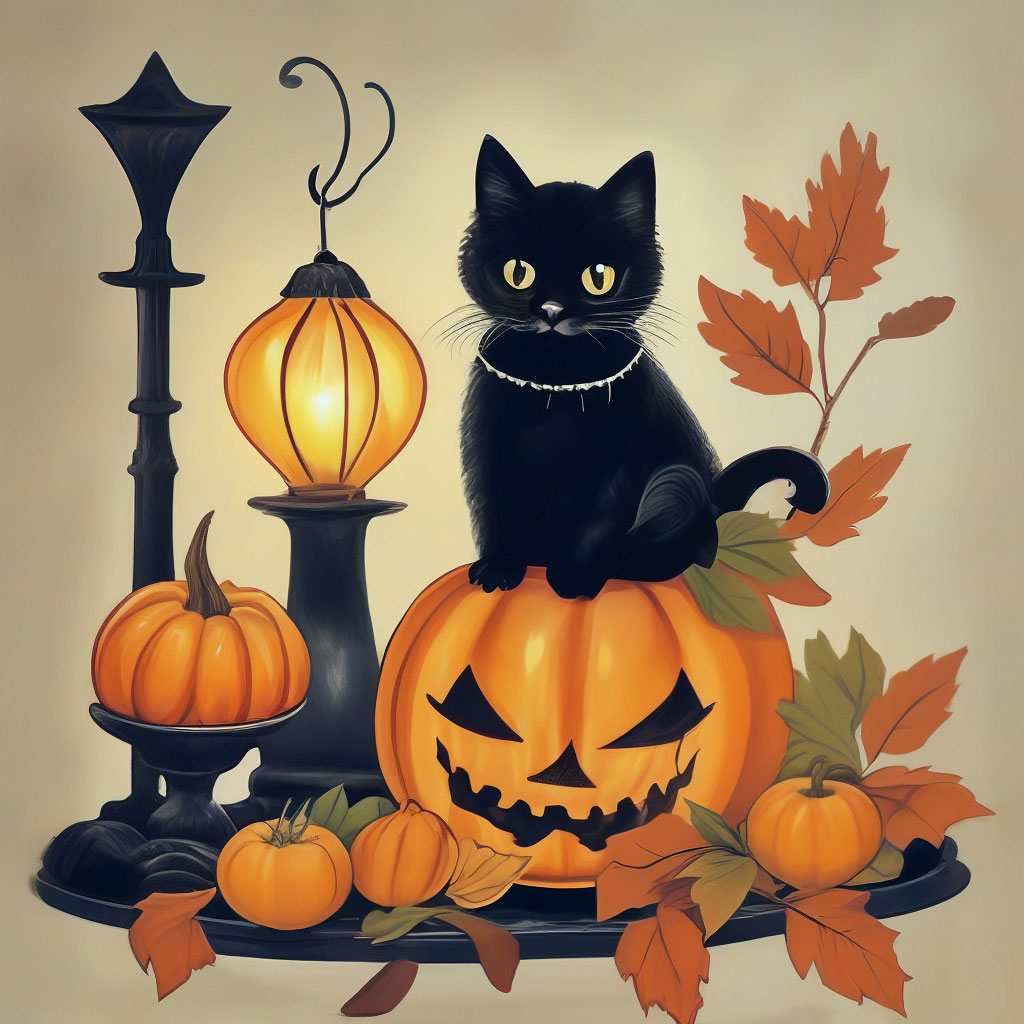 "Halloween card, vintage, cute pumpkin is on the table, a black cat is ...