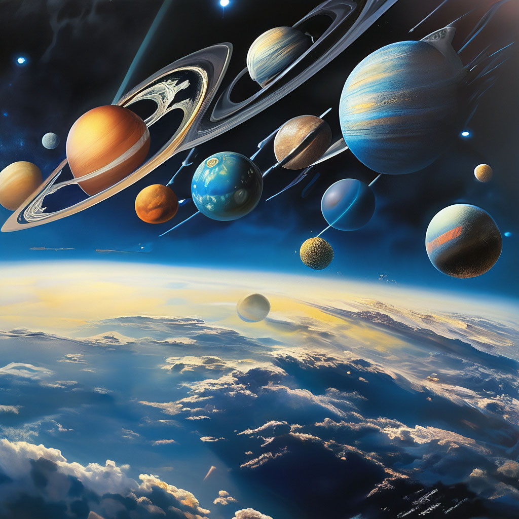 "A parade of planets, a view from space" — image created in Shedevrum