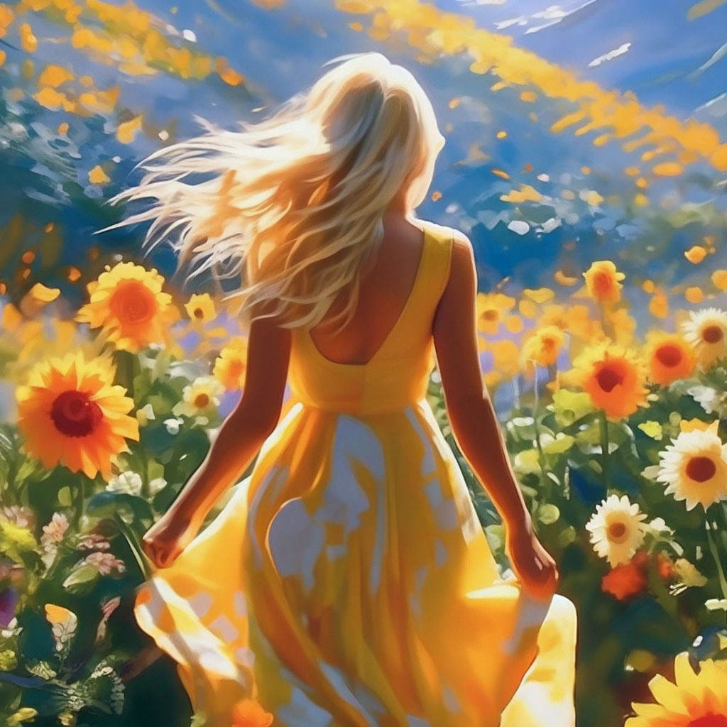 "A woman with blonde hair in a beautiful dress walks among flowers ...