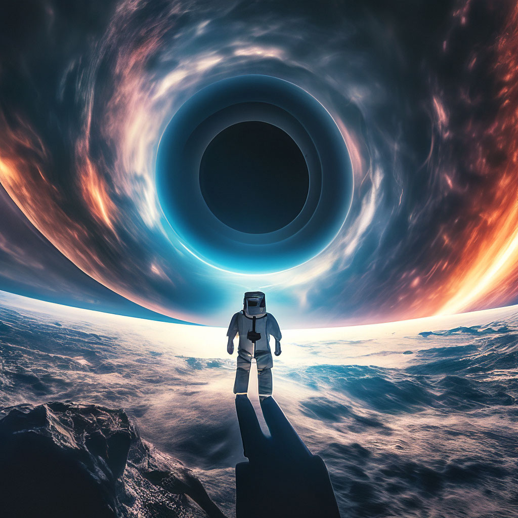 "A black hole in space and a man in a spacesuit and emptiness" — image ...