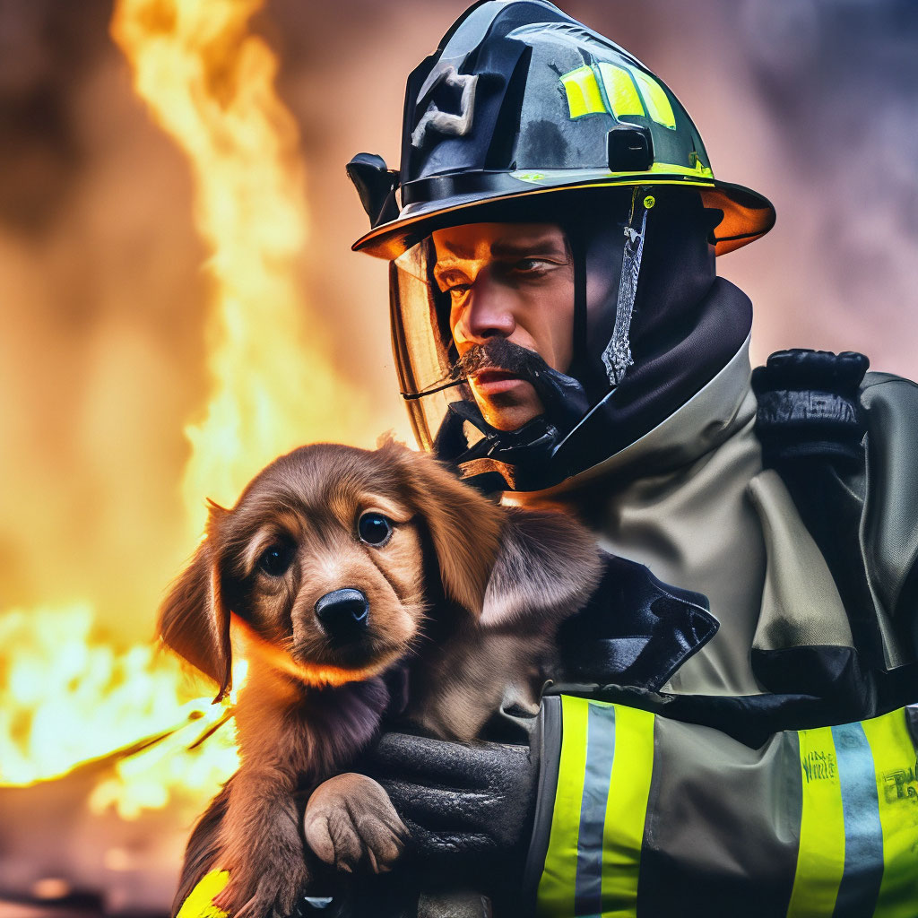 "A firefighter who rescues a puppy from a burning house" — image ...