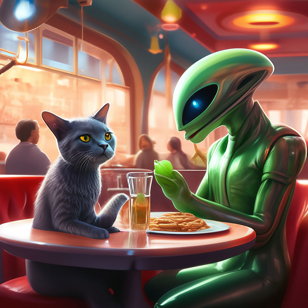 "A cat and an alien in a restaurant" — image created in Shedevrum