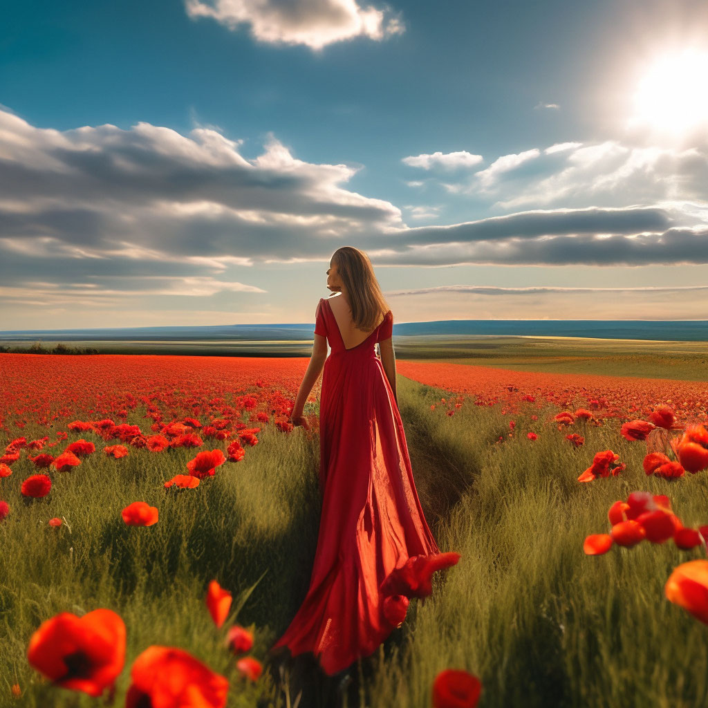 "A girl in a luxurious dress stands in the middle of a poppy field and ...