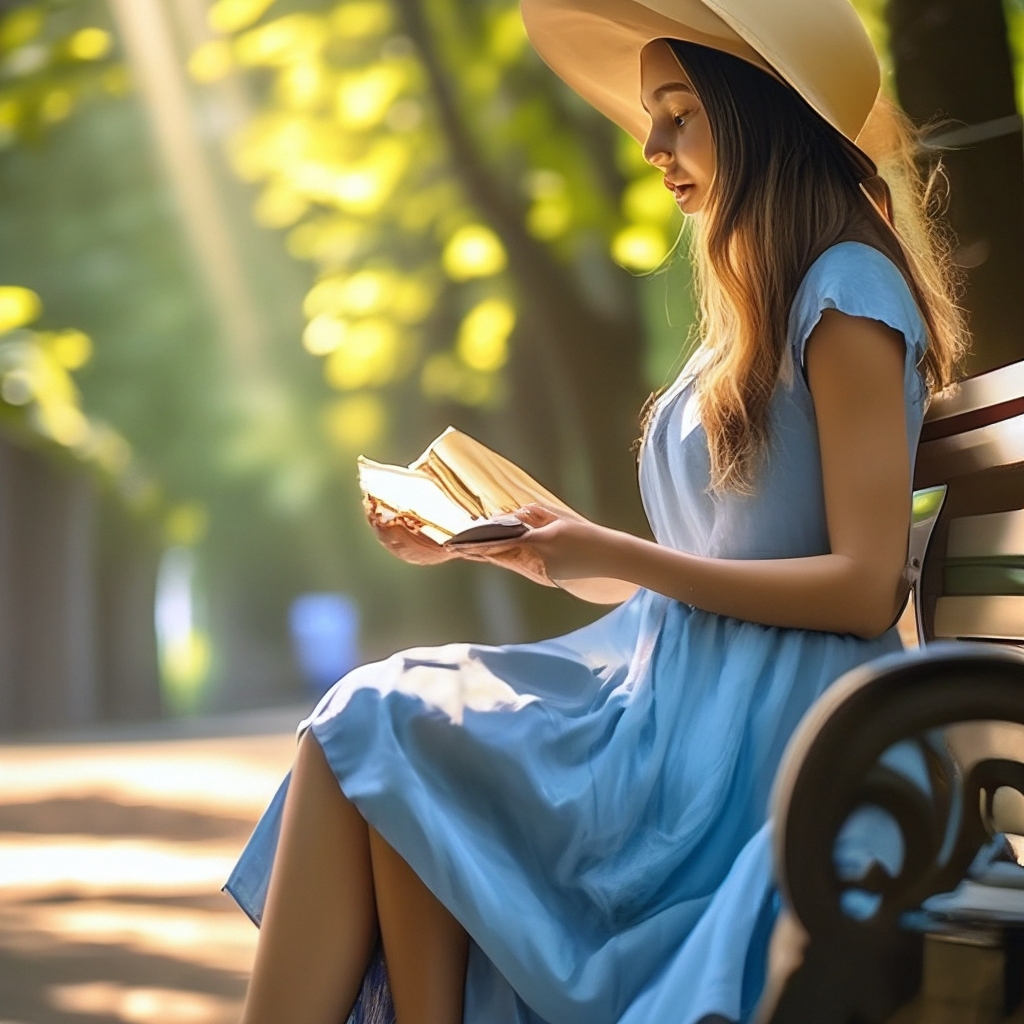 "Chestnut alley, sun rays girl in a light blue dress sitting on a bench ...