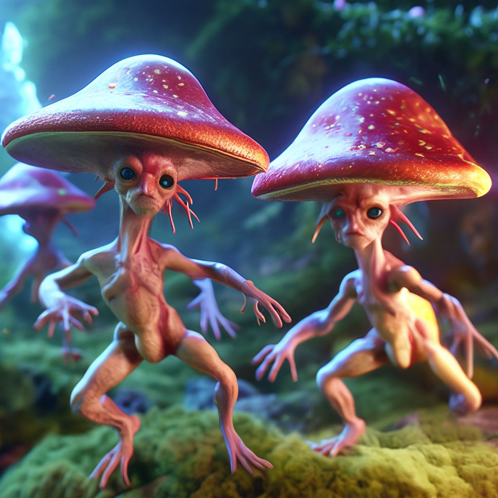 "Dancing live mushroom aliens, high quality, hyperrealistic" — image ...