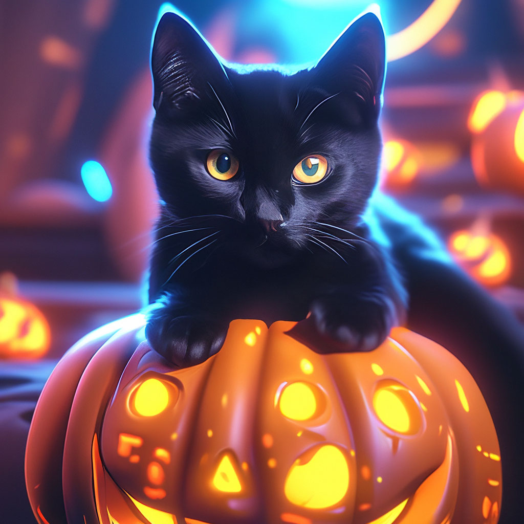 "Black cat sitting on a Halloween pumpkin with fiery eyes ...