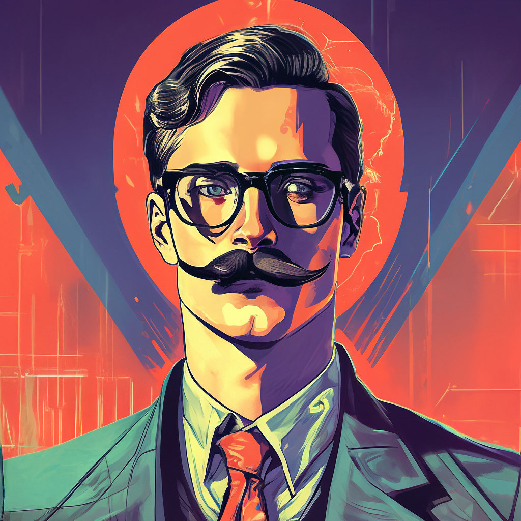 "A man with glasses and a mustache in the style of cyber punk, realism ...