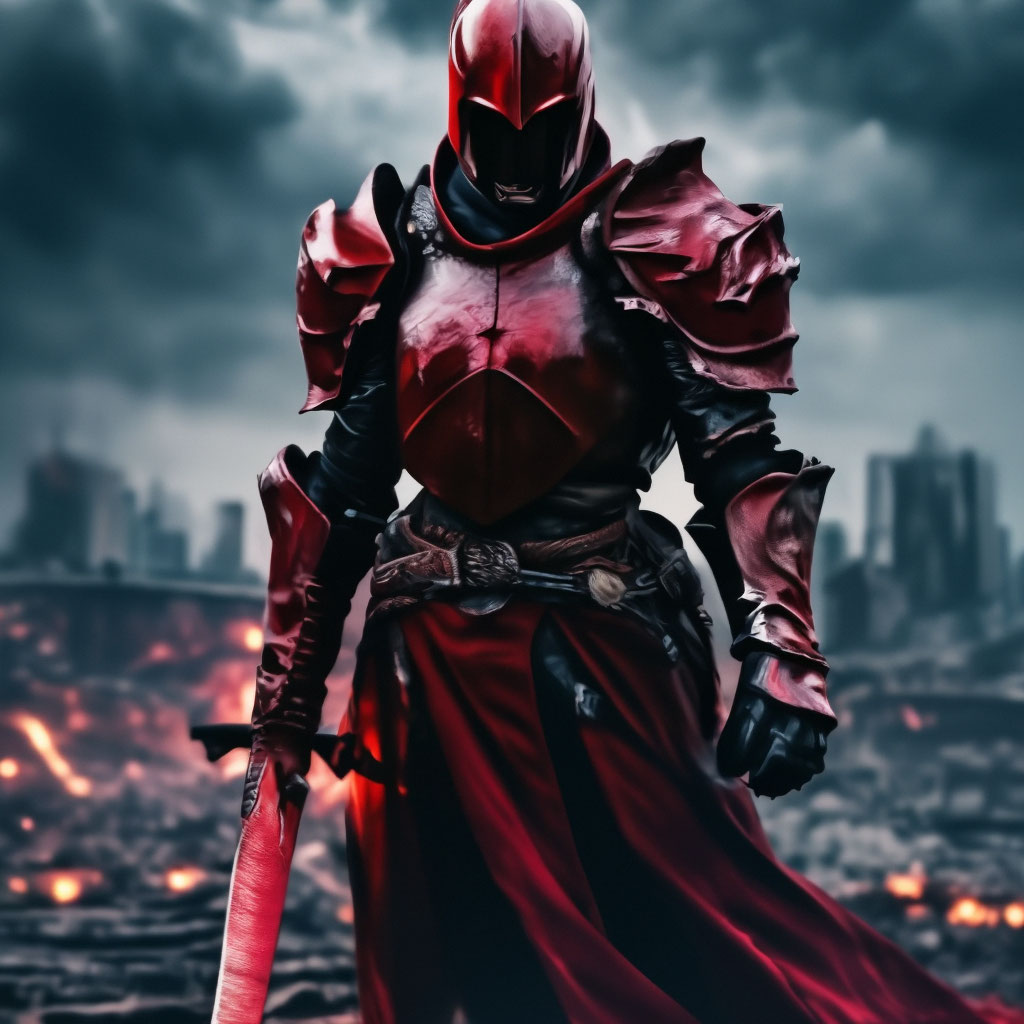 "Dark Fantasy knight with a sword and a red helmet" — image created in ...