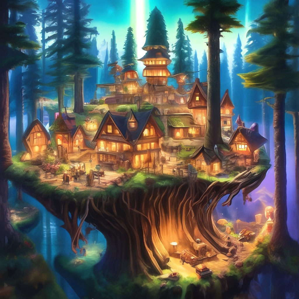 "A fabulous forest, a small town on a tree stump" — image created in ...
