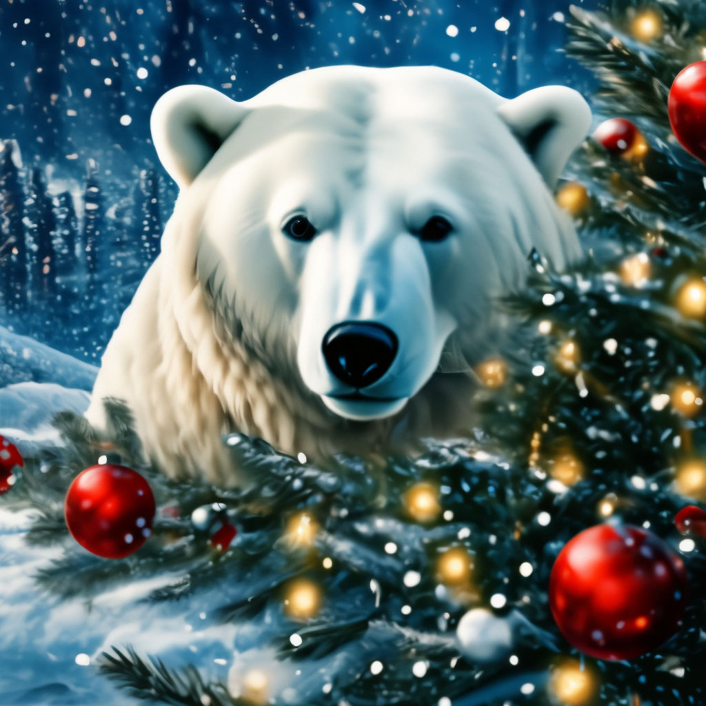 "New Year's sketch. A polar bear over a Christmas tree. Branches of a ...