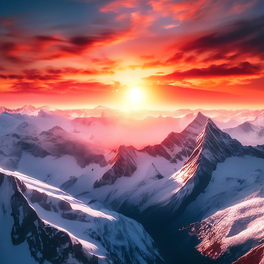 "Snow-capped mountains on the background of red sky and sun" — image ...