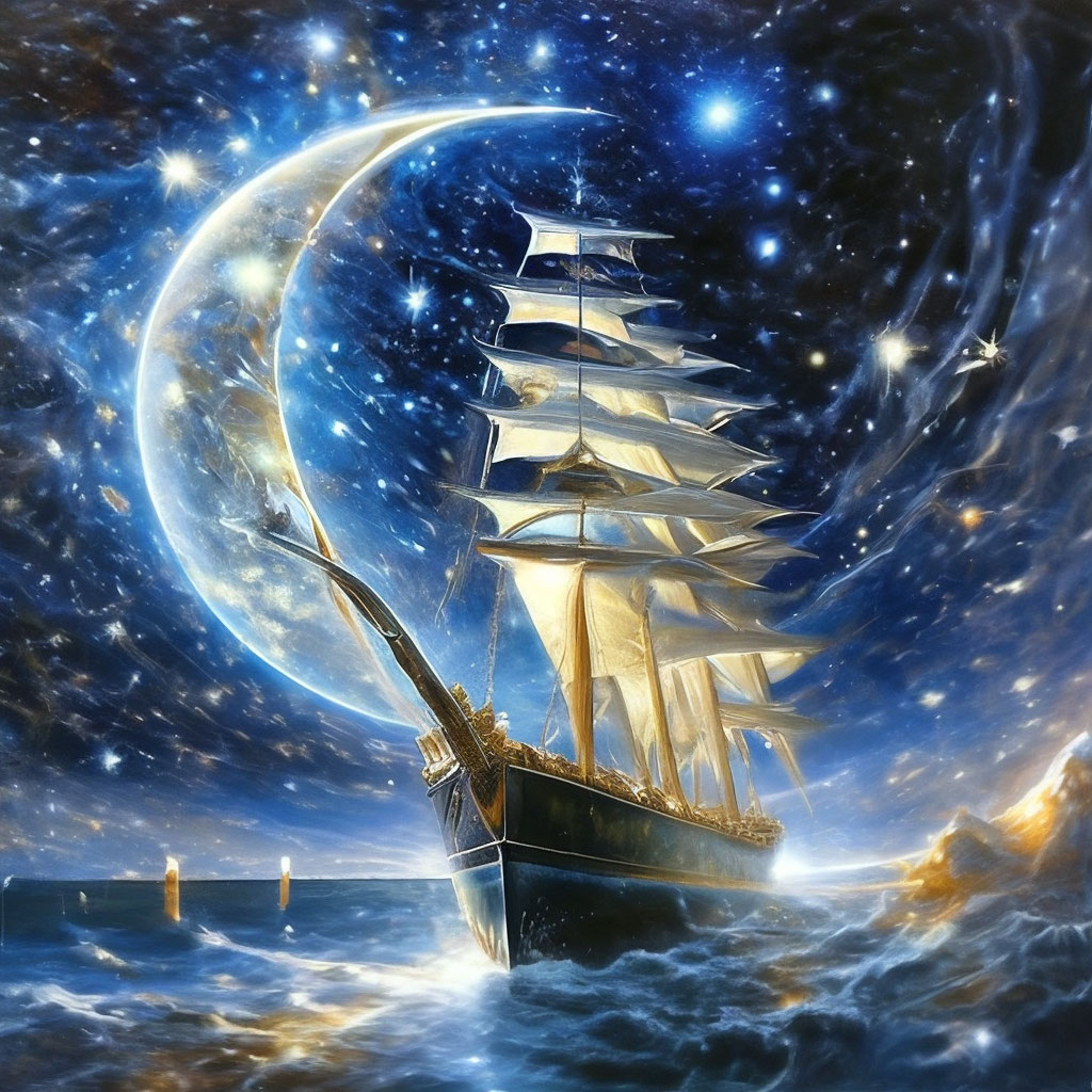 a rook of crystal stars, the night sky, a huge moon like a sail ...