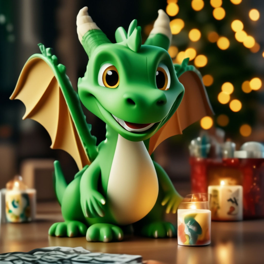 "3d dragon toy green climbs out of a candy box near the Christmas tree ...