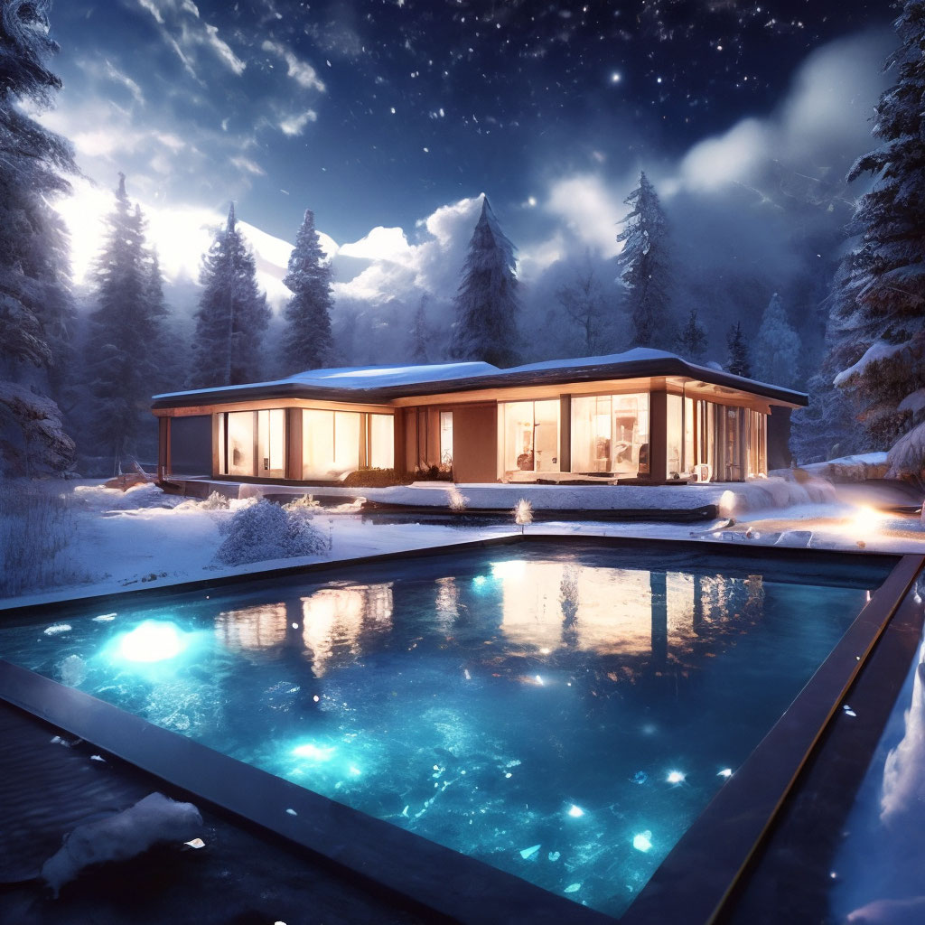 "A small house with a gorgeous swimming pool over which steam. Winter ...