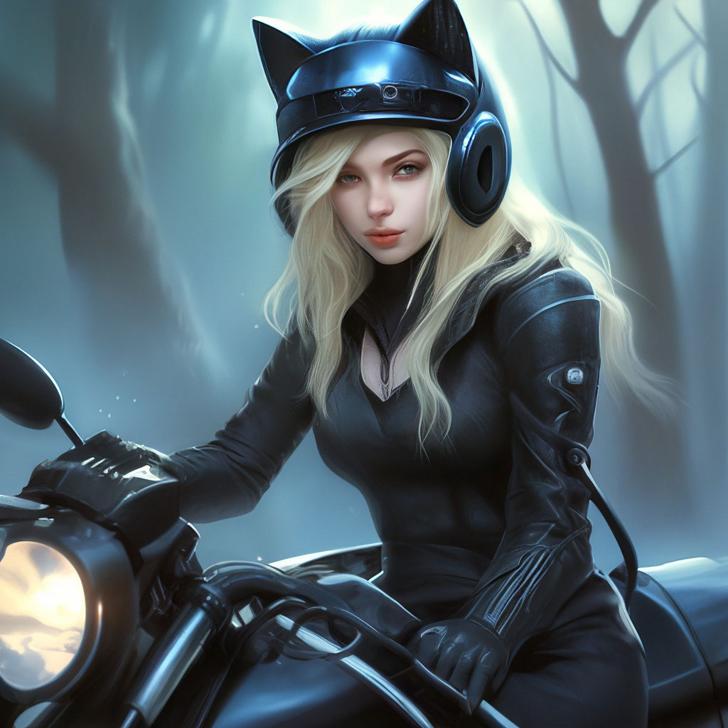 A girl with blue eyes and blonde hair, sitting on a black motorcycle, "   image created in Shedevrum
