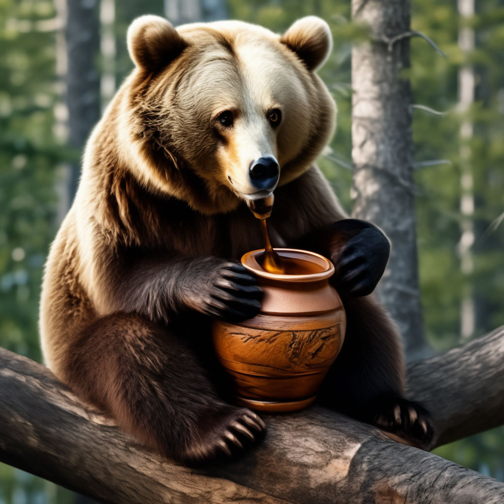 "The bear is sitting on a branch eating honey from a pot" — image ...