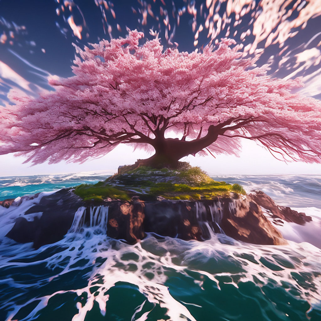 "A large sakura tree on an island in the middle of a lacy stormy ocean ...